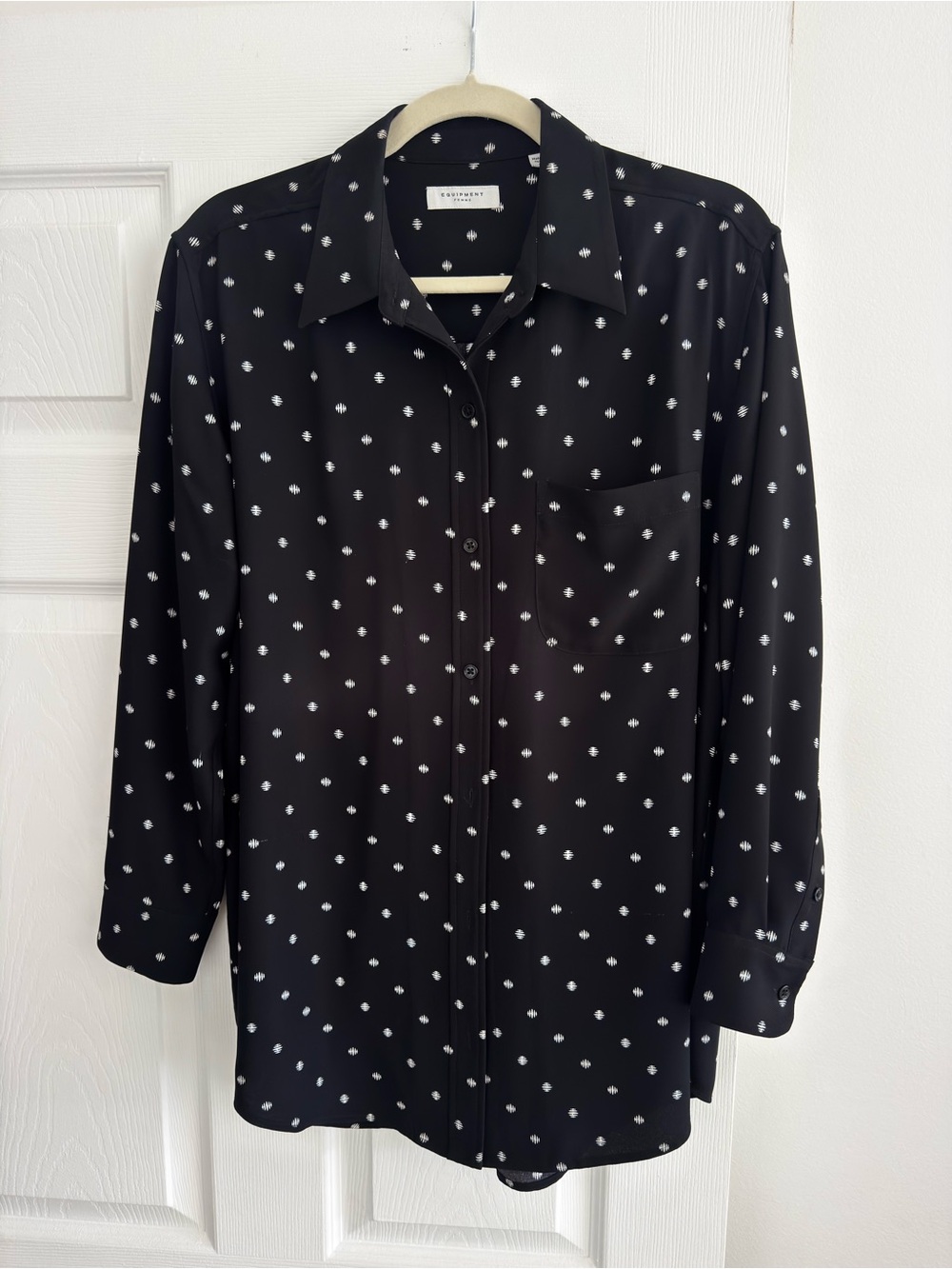Equipment Black Button-Down Shirt with White Polka Dots